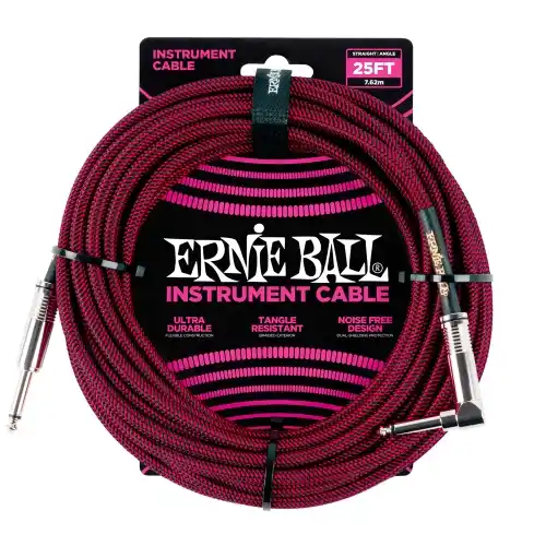 Ernie Ball kabel P06062 - 25FT(7,62m) BRAIDED 6,3mm - 6,3mm L instrument - crno/crvena boja (KOM)